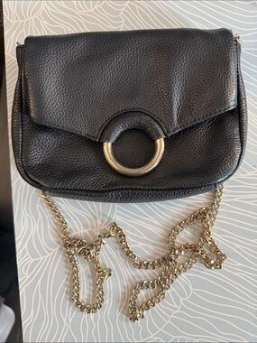Vince Camuto Black Pebbled Leather Crossbody with Gold Ring and chain